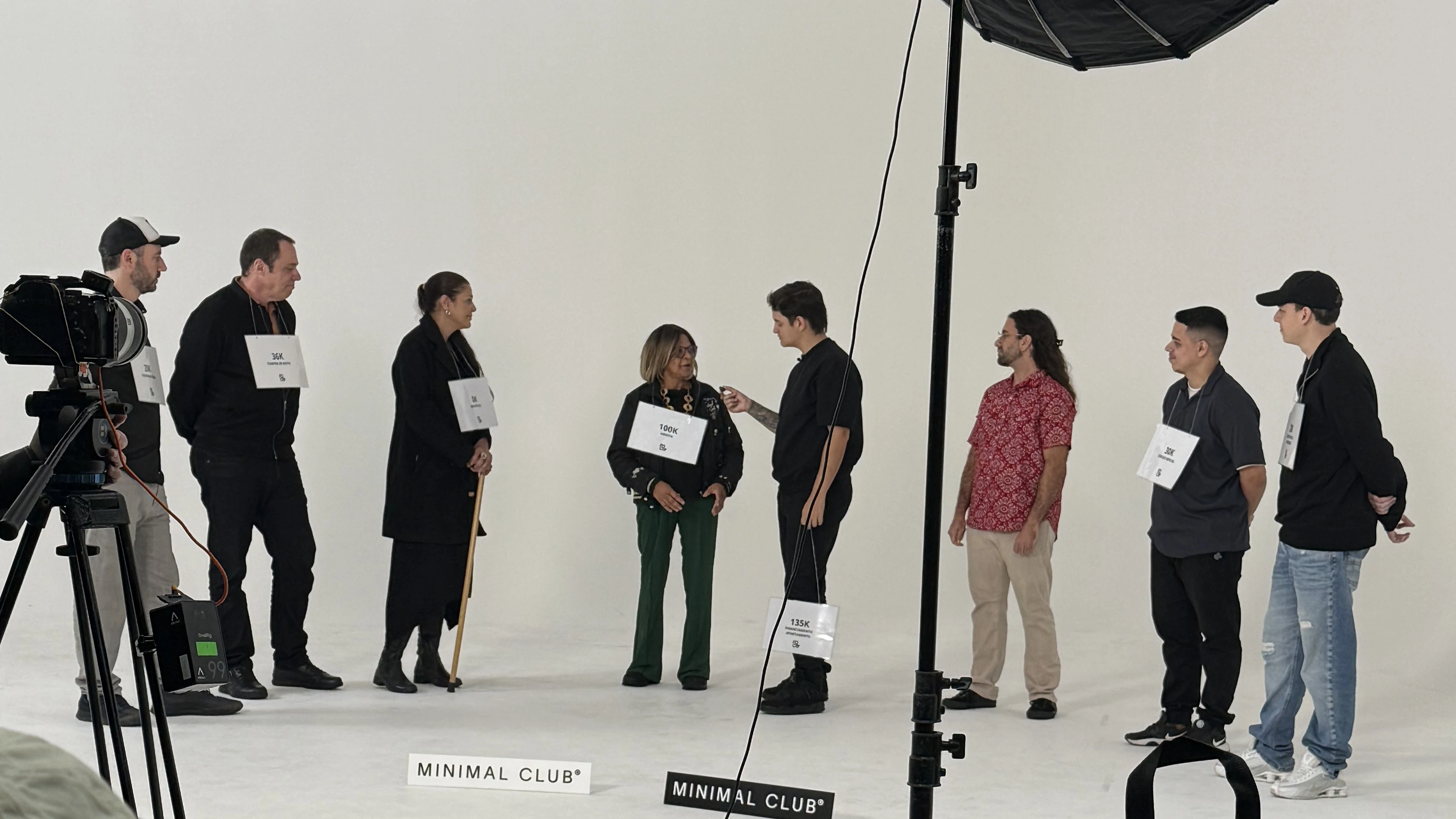Participantes com cartões numerados em fila no estúdio, com câmeras, softbox e as marcações da Minimal Club no chão.